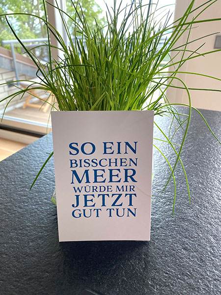 Foto: Blumenvase mit Karte und Text: So ein bisschen Meer würde mir jetzt gut tun